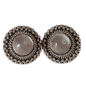 VTG Round Gray Moonstone Sterling Silver Pierced Stud Earrings Rope Ball Detail